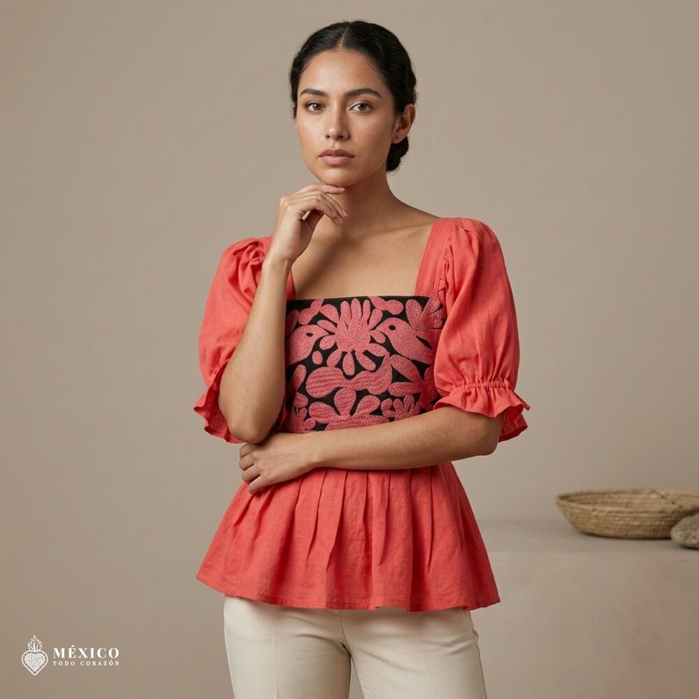 Mexican Embroidered Peplum Blouse – Handmade Cotton Puff Sleeve Corset Top